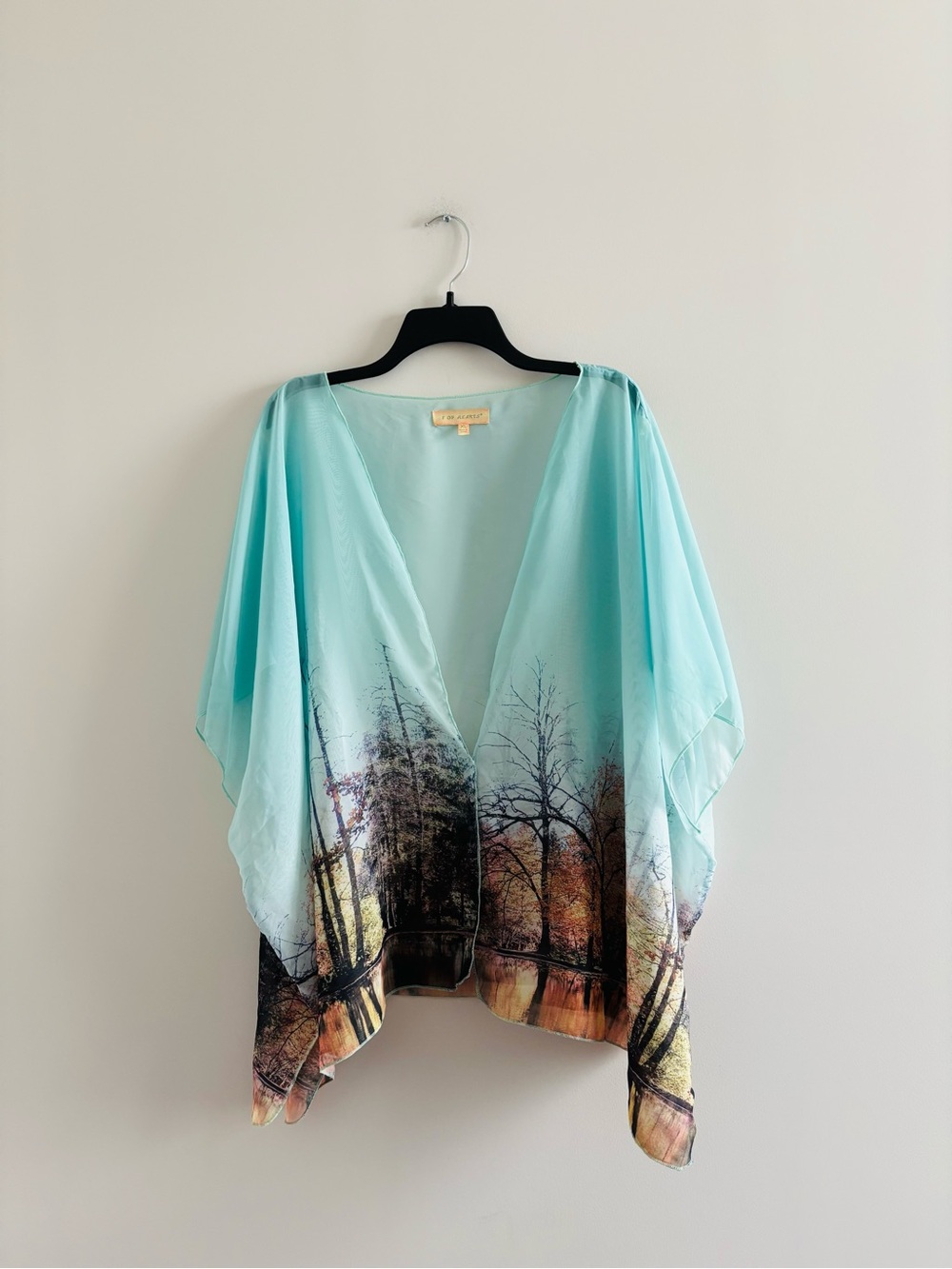 VTG Kimono Topper Blue Chiffon Tree Outdoor Forest Print Motif XL Art Lagenlook